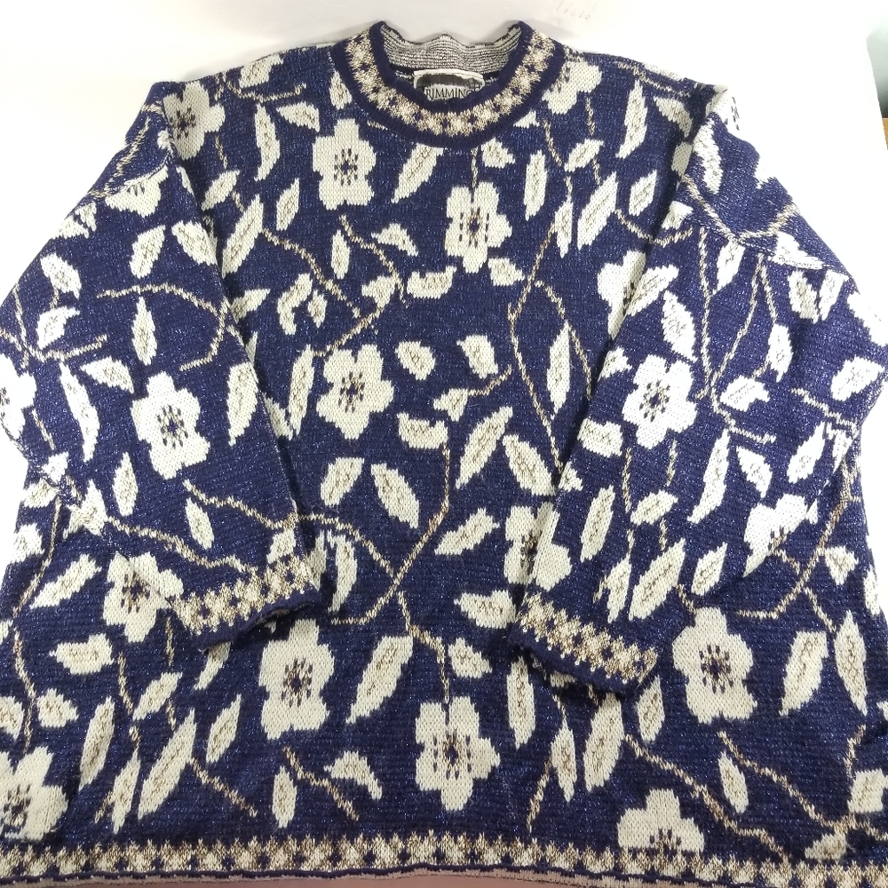 Vintage Sweater Floral Blue Oversize Sparkly Crew